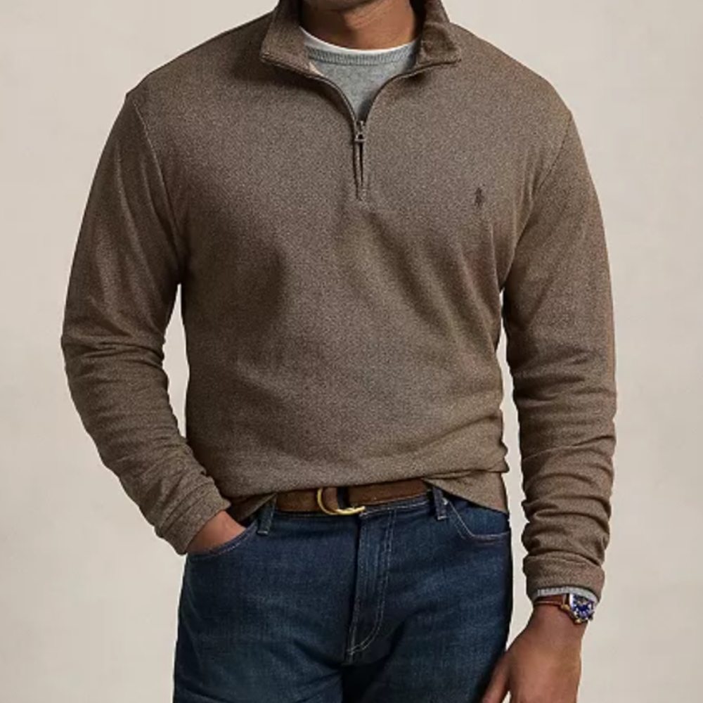 NWT Men's Polo Ralph Lauren Brown Herringbone 1/4 Zip Pullover, Cotton, CasualXL